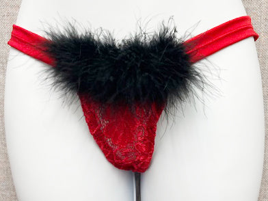 B120 - Red Lace Thong w/Feathers!
