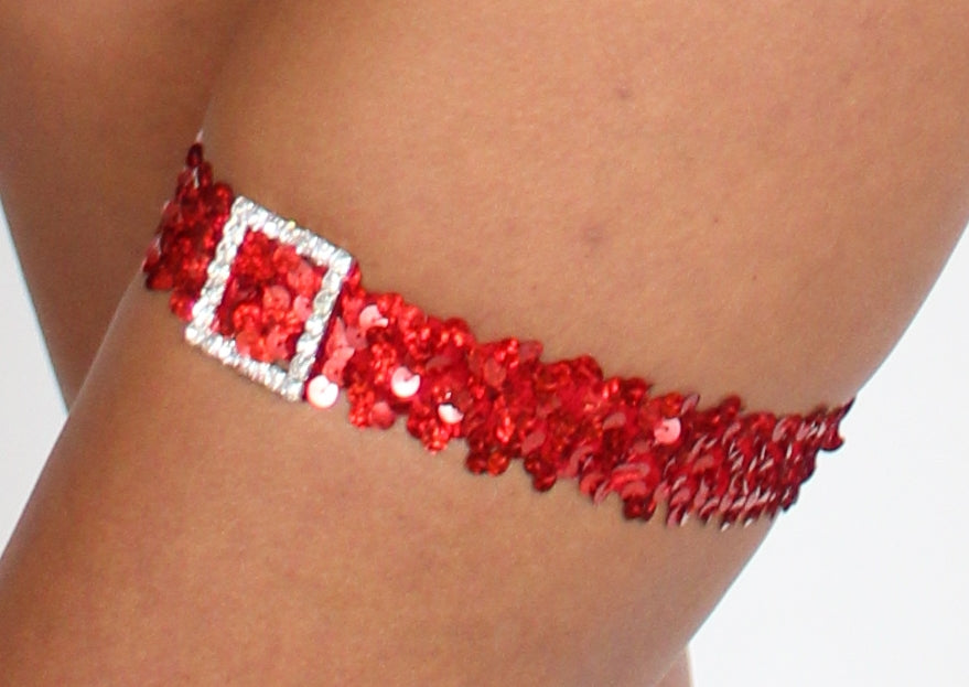 V130 - Red Sequin Garter with Rhinestone