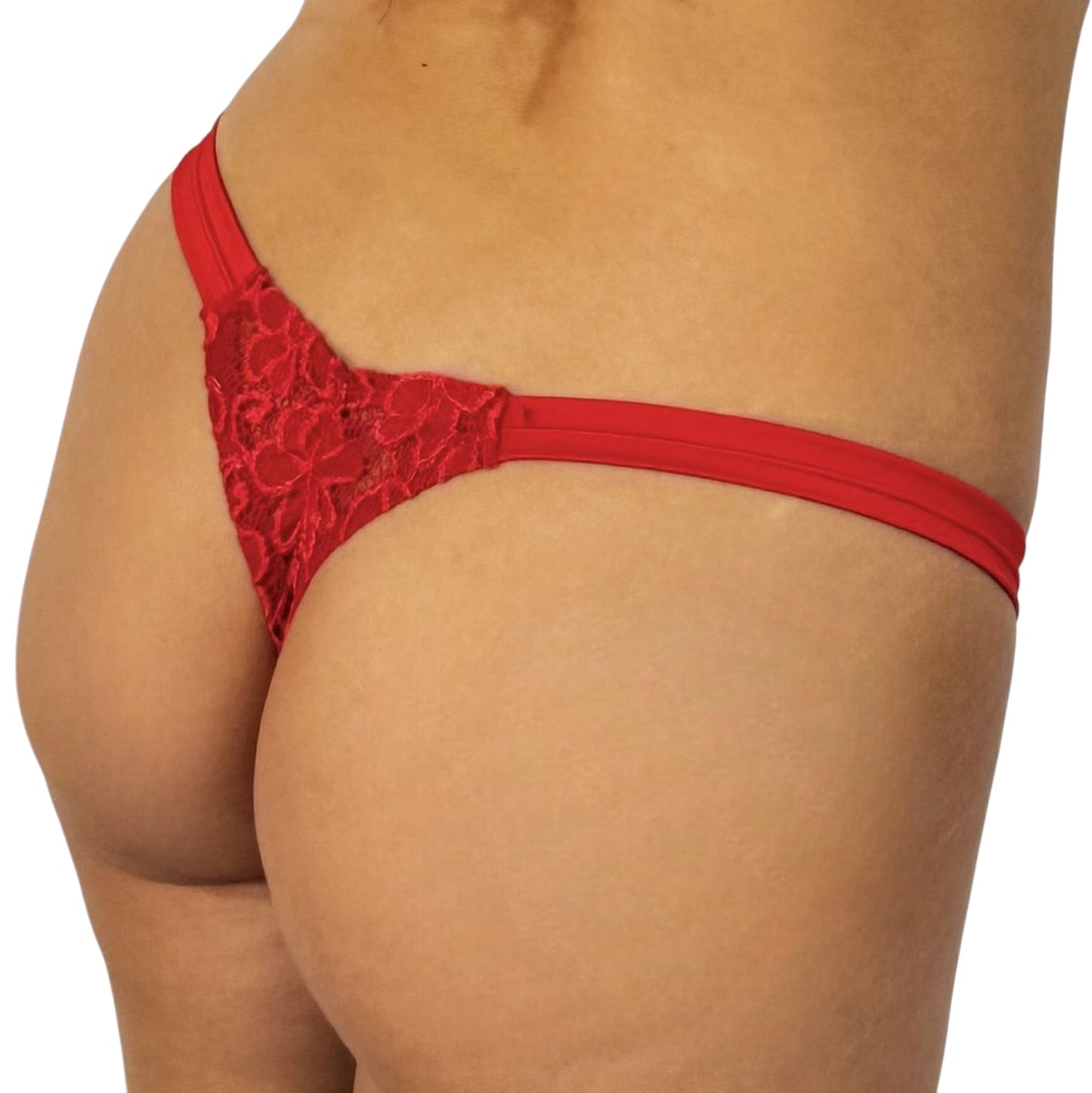 W1206 - Floral Lace Y-Back Thong with Fur