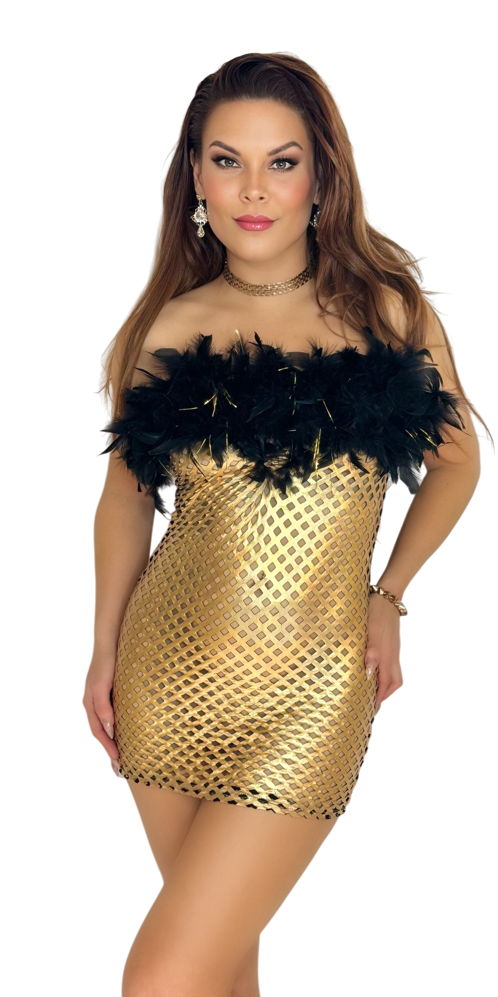 W1964 - Golden Goddess Dress with Feathers