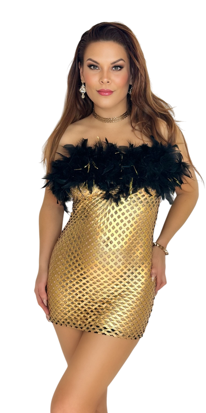 W1964 - Golden Goddess Dress with Feathers